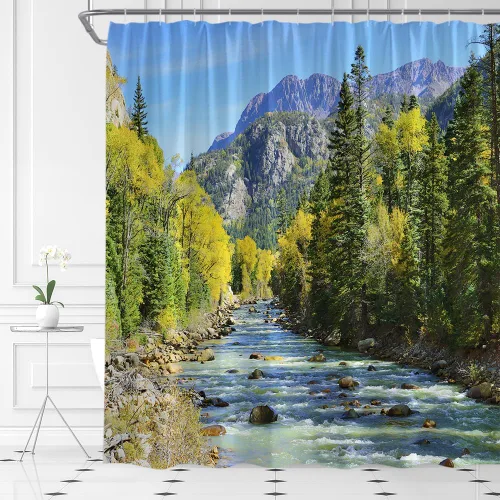 Miniatura 8 de Cortina de ducha escénica de montaña, naturaleza, montaña, lago, cielo azul, nube, paisaje, simple, tela para el hogar, juego de decoración de baño