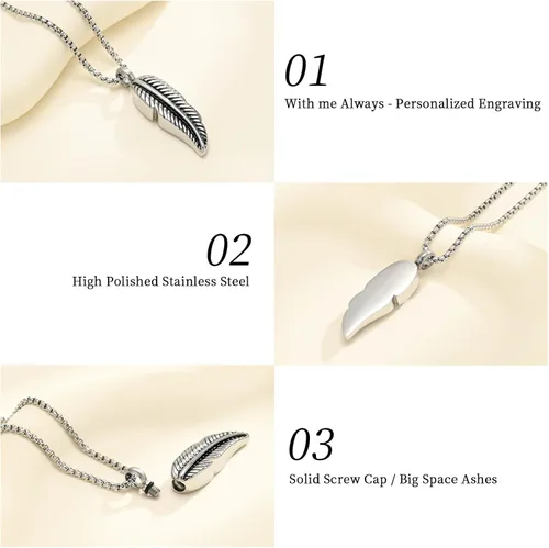 Miniatura 3 de Oinsi Collar de urna de plumas de acero inoxidable para cenizas de cremación, recuerdo de joyas, caja y kits de relleno