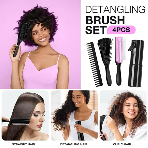 Miniatura 2 de Hommtina Juego de cepillos desenredantes con botella de spray para cabello rizado, juego de cepillos para botellas para mujeres y niños
