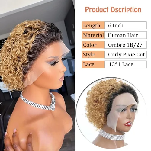 Miniatura 2 de INSTASTYLE Pelucas rubias degradadas con encaje frontal de 6 pulgadas, cabello humano de 13 x 1, corte Pixie, pelucas cortas rizadas de encaje HD