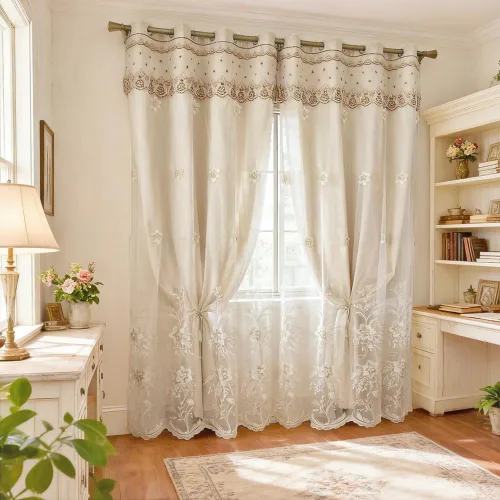 Miniatura 9 de Amidoudou 1 par de cortinas europeas de doble capa para sala de estar, dormitorio, cortinas bordadas de flores de lujo con cenefa