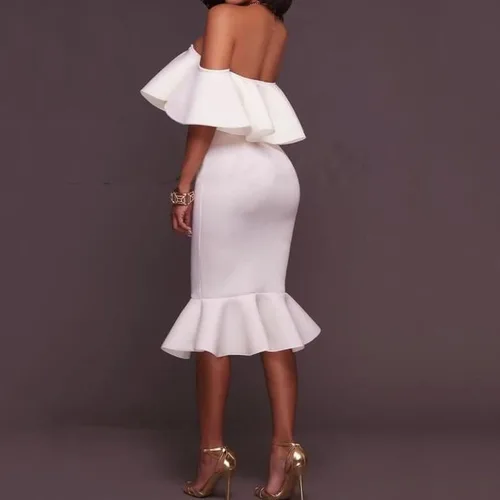 Miniatura 4 de Vestido de maternidad con volantes y hombros descubiertos para baby shower, manga corta, vestido de embarazo formal de sirena para mujer
