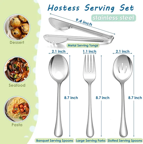 Miniatura 2 de Herogo Juego de 12 utensilios de acero inoxidable para servir, cucharas de 8.7 pulgadas, cucharas ranuradas, tenedores, pinzas de servir de 9.4