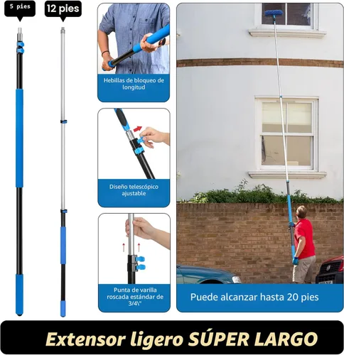 Miniatura 6 de Kit de plumero de alto alcance de 20 pies con poste de extensión de 5 a 12 pies, plumero de telaraña con poste telescópico, escobilla de ventana