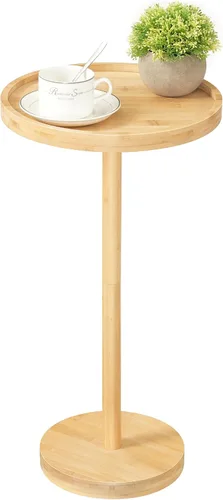 Miniatura 11 de HOOBRO Mesa auxiliar redonda pequeña, mesa de bebidas de bambú, mesa de café Martini con acento de pedestal para espacios pequeños en sala de estar