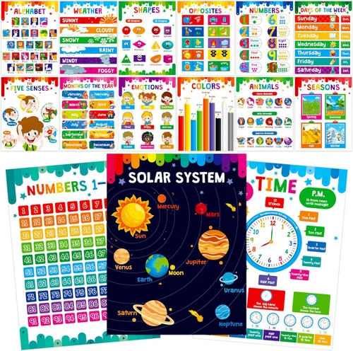 Paquete de 15 carteles educativos, pósteres gruesos de aprendizaje temprano, impermeables y a prueba de desgarros, con película de PET, alfabeto,
