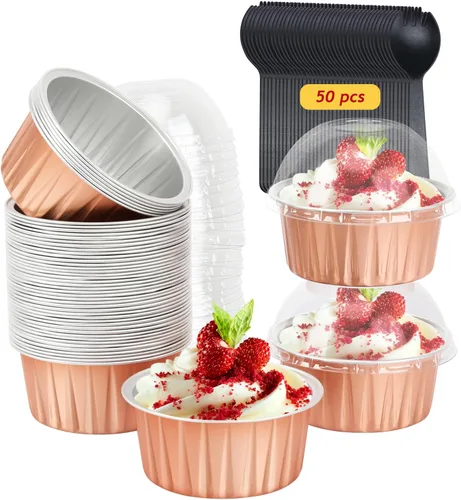 Jumbo 5oz 148ml de papel de aluminio para cupcakes con tapas, juego de 50, Free-Air, ramequines desechables, moldes para magdalenas, mini moldes