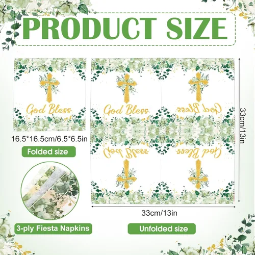 Miniatura 2 de Nuanchu 200 servilletas de bautismo religiosas para primera comunión, diseño floral verde, cruz religiosa, decoración de papel religioso