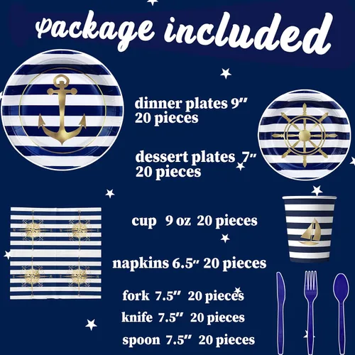 Miniatura 3 de Suministros náuticos para fiesta de cumpleaños para 20 invitados, platos marineros azul marino y dorado, servilletas, tazas y cubiertos, brújula