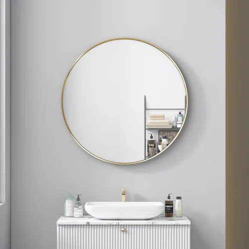 Miniatura 5 de Itrue Espejo de pared redondo de 30 pulgadas, espejo de tocador de baño con marco de metal dorado cepillado, espejo de vidrio HD con respaldo
