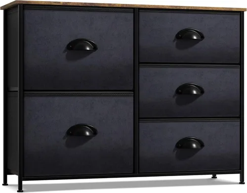 Miniatura 12 de Sorbus Cómoda con 5 cajones – Unidad organizadora de cofre de almacenamiento con marco de acero, parte superior de madera, contenedores de tela