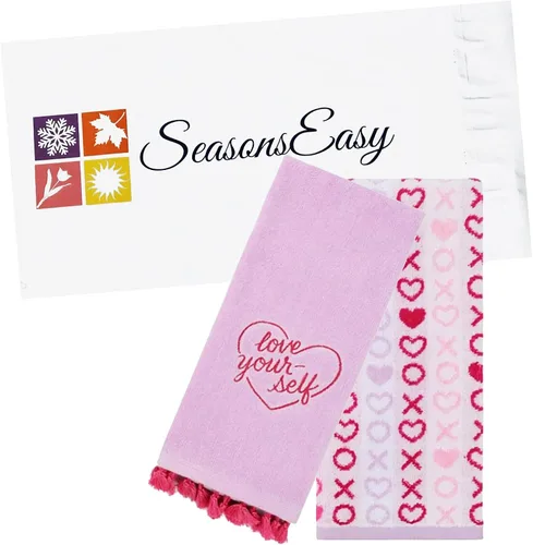 Miniatura 4 de Toallas de mano de baño de San Valentín, juego de 2 toallas de terciopelo de algodón morado y rosa con corazones bordados para decoración de baño