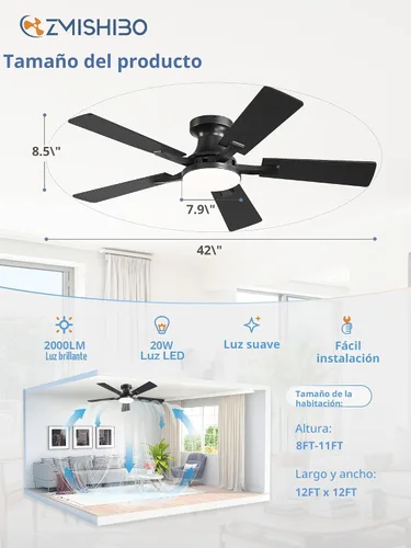 Miniatura 7 de ZMISHIBO Ventilador de techo de 42 pulgadas con luz, aplicación y control remoto, perfil bajo de montaje empotrado, luz LED regulable de 20 W, motor