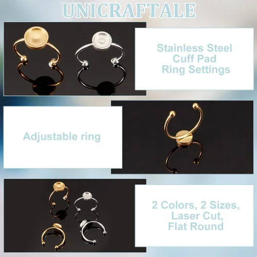 Miniatura 5 de UNICRAFTALE 16pcs 2 colores 6/0.315 in anillo ajustable en blanco almohadilla de acero inoxidable anillo ajustes Cabujón Base Bisel bandeja