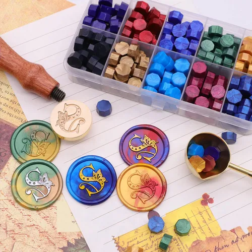 Miniatura 2 de SWANGSA Kit de sello de cera inicial del alfabeto S, sello de sellado de letras de mariposa vintage con 200 cuentas de cera de sellado