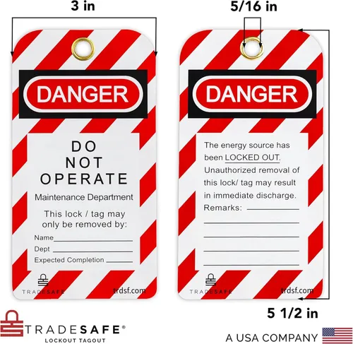 Miniatura 2 de TRADESAFE Etiquetas de Bloqueo y Etiquetado - 10 Etiquetas de Peligro No Operar con 10 Abrazaderas de Nylon, Vinilo Premium de 32 mil, Etiquetas