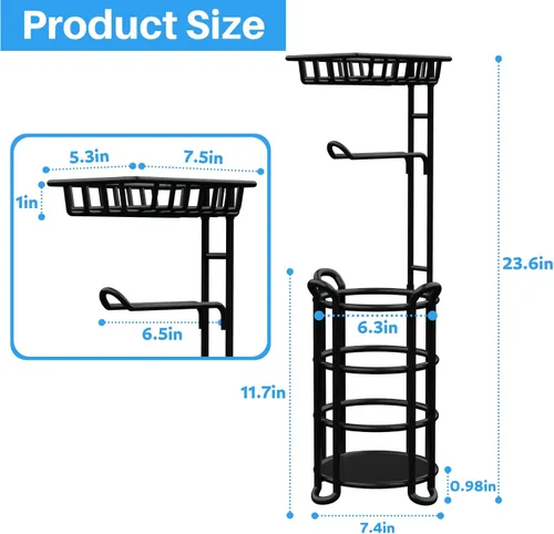 Miniatura 6 de Soporte de papel higiénico con estante, estante de almacenamiento de rollos de papel higiénico con dispensador para baño, color negro