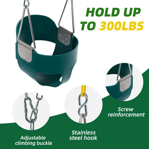 Miniatura 8 de Asiento de columpio para niño con respaldo alto y cadenas revestidas amarillas, totalmente montado, accesorios para columpio para bebés Verde