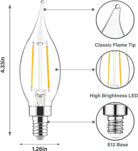 Miniatura 7 de Bombillas LED E12 para candelabros equivalentes a 60 W, bombillas de vela con punta de llama CA10 regulables, luz blanca suave de 2700 K, bombilla