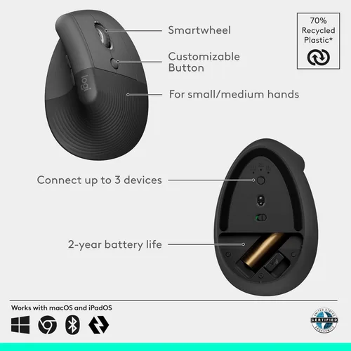 Miniatura 6 de Logitech Lift - Mouse ergonómico vertical, inalámbrico, Bluetooth o receptor USB, clics silenciosos, 4 botones, mouse inalámbrico para mano derecha