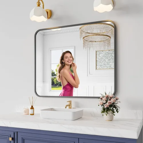 Miniatura 44 de Koonmi Espejo de baño, 30 x 30 pulgadas, espejo con marco de metal negro para baño, vidrio templado, antioxidante, espejo rectangular redondeado