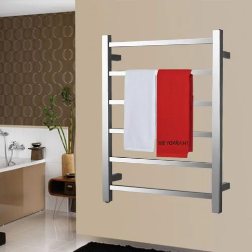 Miniatura 4 de Calentador de toallas de cromo pulido para baño, calentador de toallas de baño montado en la pared, cuadrado enchufable, 6 bares, estante de secado