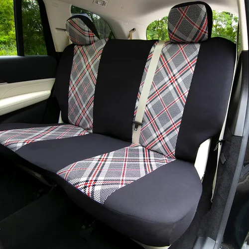 Miniatura 5 de TLH Fundas universales para asientos de automóvil Tartan57 estampado a cuadros beige, juego completo de fundas para asientos en tela plana
