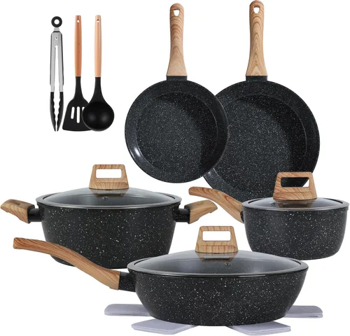 Juego de utensilios de cocina de cerámica 15PCS ollas y sartenes antiadherentes (negro15)