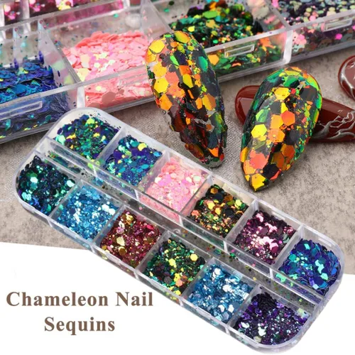 Miniatura 3 de 2 cajas de 24 colores camaleón holográfico con purpurina de sirena, arte de uñas, lentejuelas, copos 3D, degradado láser, diseño de purpurina