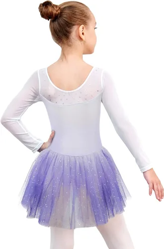 Miniatura 33 de EQSJIU Leotardo de baile de manga larga para niñas, vestido de ballet brillante con copo de nieve, tutú con falda tutú para niñas