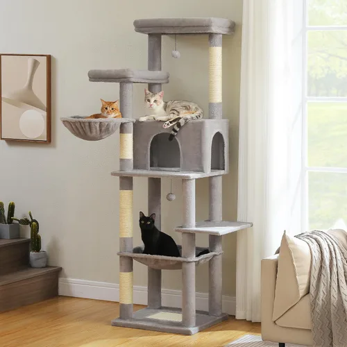 Miniatura 9 de PAWZ Road Árbol Grande para Gatos, Torre de Madera para Gatos de 73 Pulgadas de Alto con 2 Hamacas Espaciosas, 2 Camas Superiores Grandes, 8 Postes