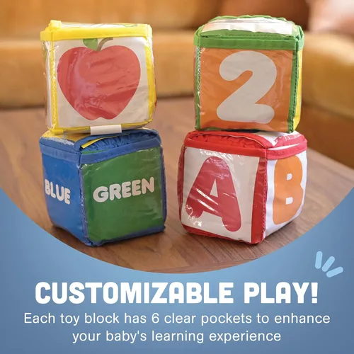 Miniatura 3 de Constructive Playthings - Juguetes apilables personalizables con bolsillos transparentes para niños de 12 meses+, bloques de construcción de espuma