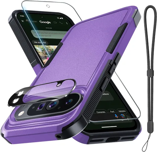 Miniatura 20 de Funda para Google Pixel 10 Pro XL con correa para la muñeca + protector de pantalla de vidrio templado + cubierta para lente de cámara, cuerpo Verde
