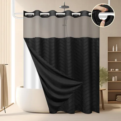 Miniatura 7 de FADOTY Juego de cortina de ducha y forro sin gancho, cortina de ducha negra con broches a presión sin anillos, tela chevron acolchada, impermeable