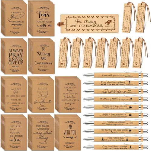 Miniatura 7 de Fuutreo 90 unidades de regalos cristianos a granel con 30 versículos bíblicos, 30 bolígrafos de bambú y marcadores religiosos, bloc de notas