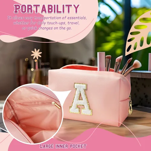 Miniatura 3 de Bolsa de maquillaje personalizada con inicial con asa, bolsa de cosméticos de preparación con bolsillo interior con cremallera, 8, 9, 10, 11, 12