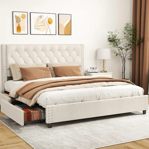 Miniatura 14 de EVLIQUIL - Marco de cama de tamaño matrimonial con 4 cajones de almacenamiento y cabecero, color beige Upholstered Platform Bed Frame with Wood