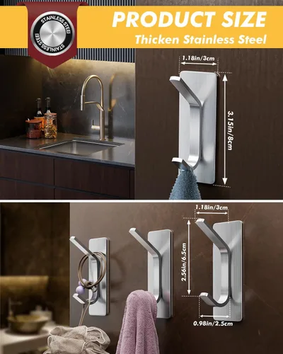 Miniatura 8 de Auxmir Ganchos autoadhesivos resistentes de 15 libras, paquete de 5 ganchos de pared de acero inoxidable para abrigos, toallas, batas, impermeables