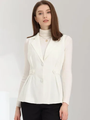 Miniatura 4 de Allegra K Blazer sin mangas para mujer, con cuello de solapa, chaleco de vestir plisado de un solo botonadura