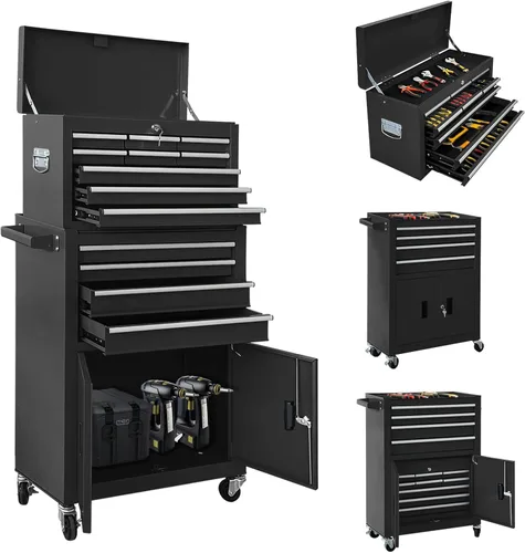 Caja de herramientas con 13 cajones, puerta doble, rodante, 2 en 1, desmontable, caja de herramientas con cajones y ruedas, gabinete de herramientas
