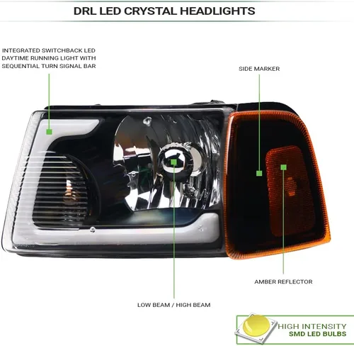 Miniatura 3 de 7422448582543 Compatible con 2001-2011 Ford Ranger Switchback Barra de tira LED secuencial de luces delanteras con carcasa negra y lámparas de señal