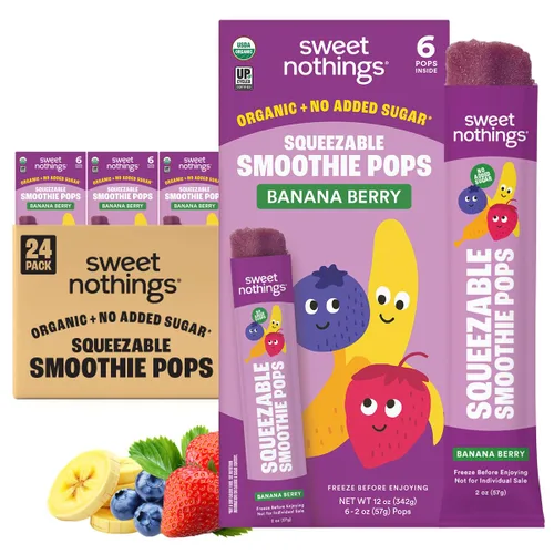 Sweet Nothings, Banana Berry, Paletas de batido de fruta exprimible para niños orgánicas USDA, paquete de valor de 24 - sin colorantes, sin azúcar