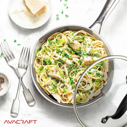 Miniatura 6 de AVACRAFT 18/10 Sartén de acero inoxidable de 8 pulgadas con tapa, boquillas laterales, sartén de inducción, sartén de acero inoxidable versátil