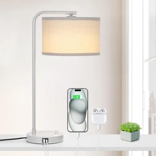Miniatura 11 de Lámpara de mesita de noche Seaside village con puertos de carga USB C+A, lámpara de pie moderna de granja completamente regulable, lámpara de Roble