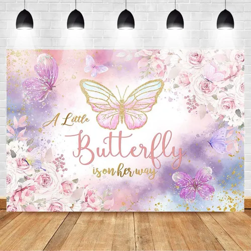 Miniatura 2 de Mocsicka Telón de fondo floral de mariposa para baby shower, acuarela rosa y morado floral, A Little Butterfly is On Her Way Girl Baby Shower