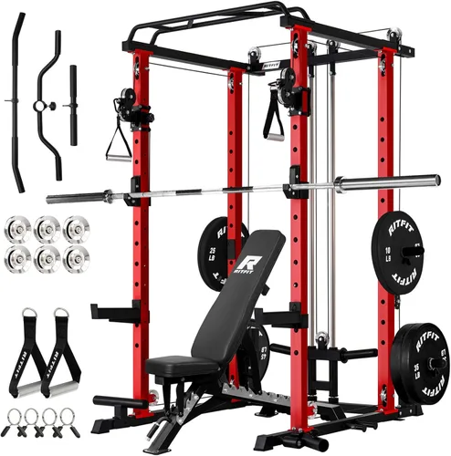 Miniatura 19 de RitFit El paquete multifunción de garaje y gimnasio en casa incluye jaula de potencia de 1200 libras PPC03/P3 con sistema de cruce de cables, banco