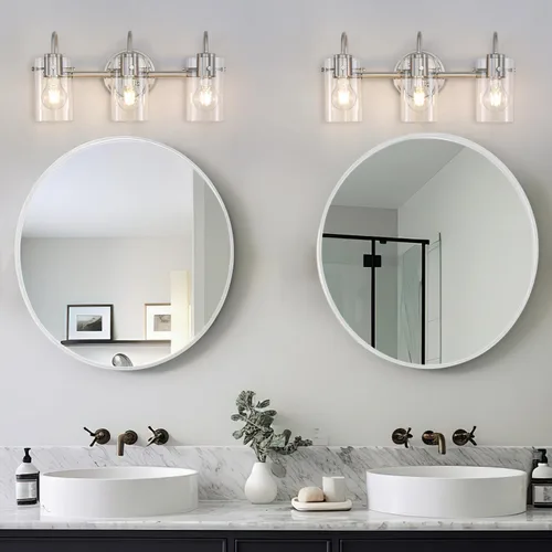Miniatura 7 de Lámpara de tocador de 3 luces, apliques de pared de baño de níquel cepillado, lámpara de pared moderna con pantalla de vidrio transparente, lámpara