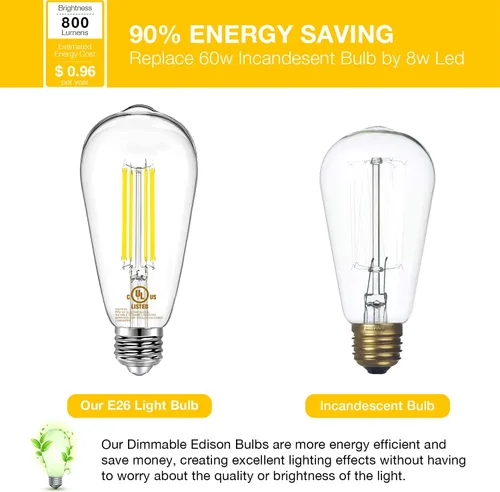 Miniatura 4 de DAYBETTER Paquete de 4 bombillas LED Edison vintage, bombilla LED E26 equivalente a 60 W, bombillas LED regulables, 8 W de alto brillo, 800 lúmenes