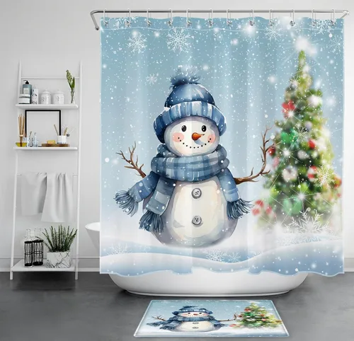 Miniatura 17 de LB Cortina de ducha de muñeco de nieve azul para baño, árbol de Navidad y copo de nieve en invierno con ganchos, juego de cortina de baño