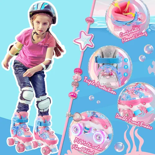 Miniatura 6 de Patines de Sirena para Niñas, MoSoulais 4 Tamaños Ajustables con Ruedas Iluminadas para Niños Pequeños, Patines para Mujeres Principiantes